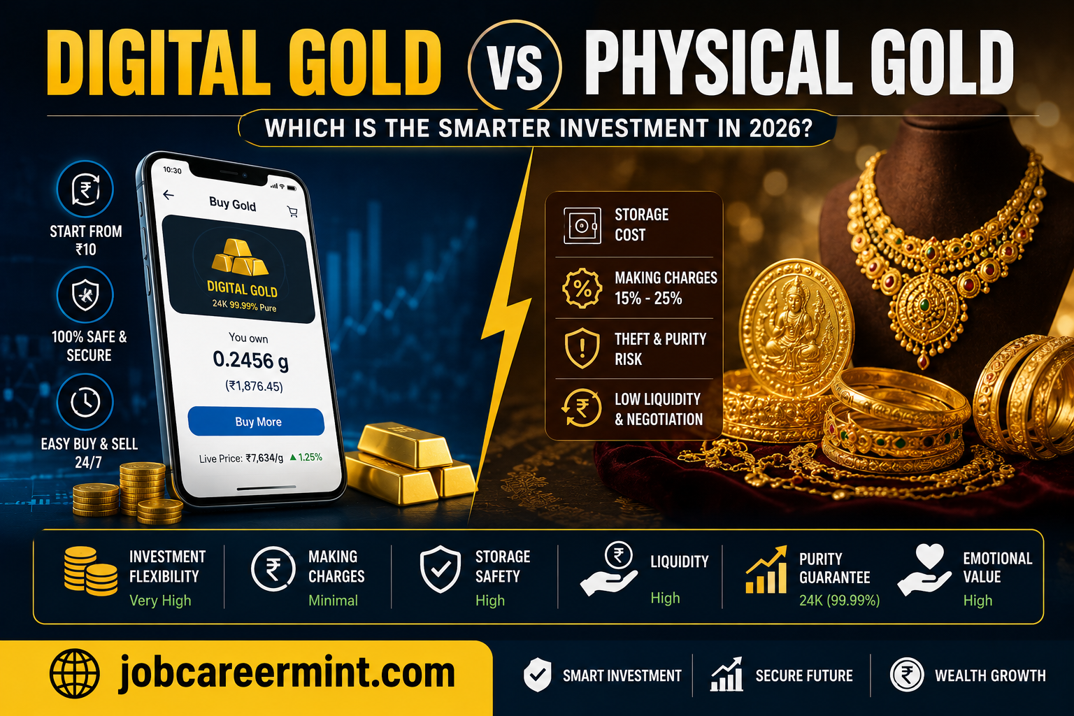 Comparison between digital gold investment and physical gold jewellery in 2026