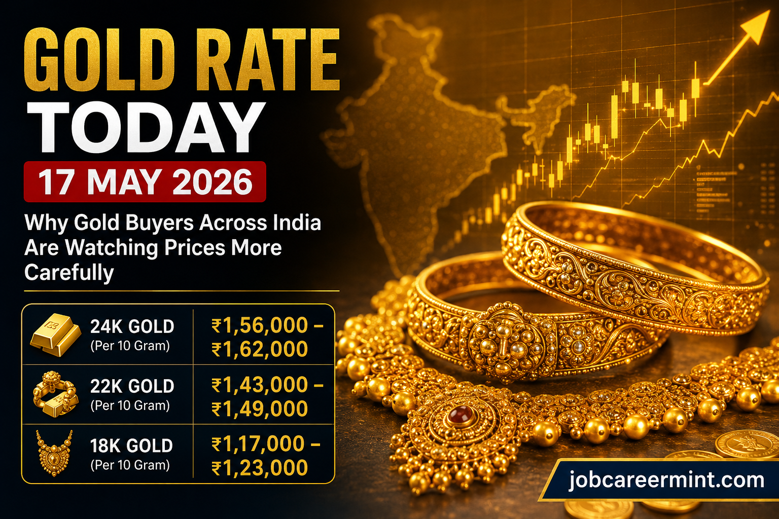 Feature image showing Gold Rate Today on 17 May 2026 with latest 22K and 24K gold prices across India