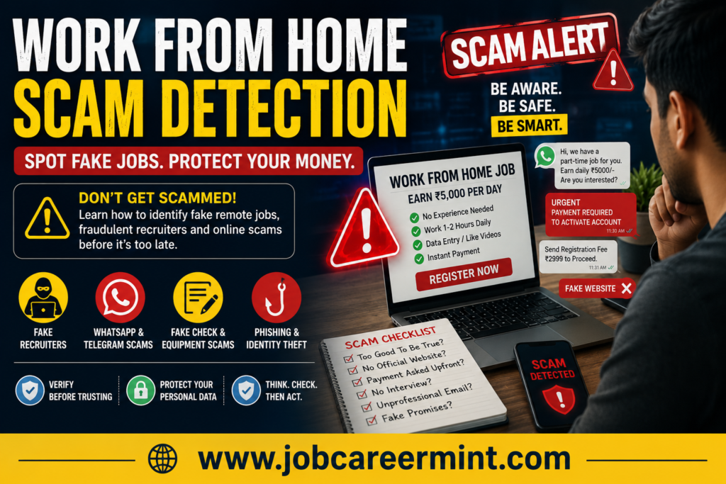 Professional illustration showing work from home scam detection, fake remote jobs, phishing alerts, and online fraud prevention in 2026