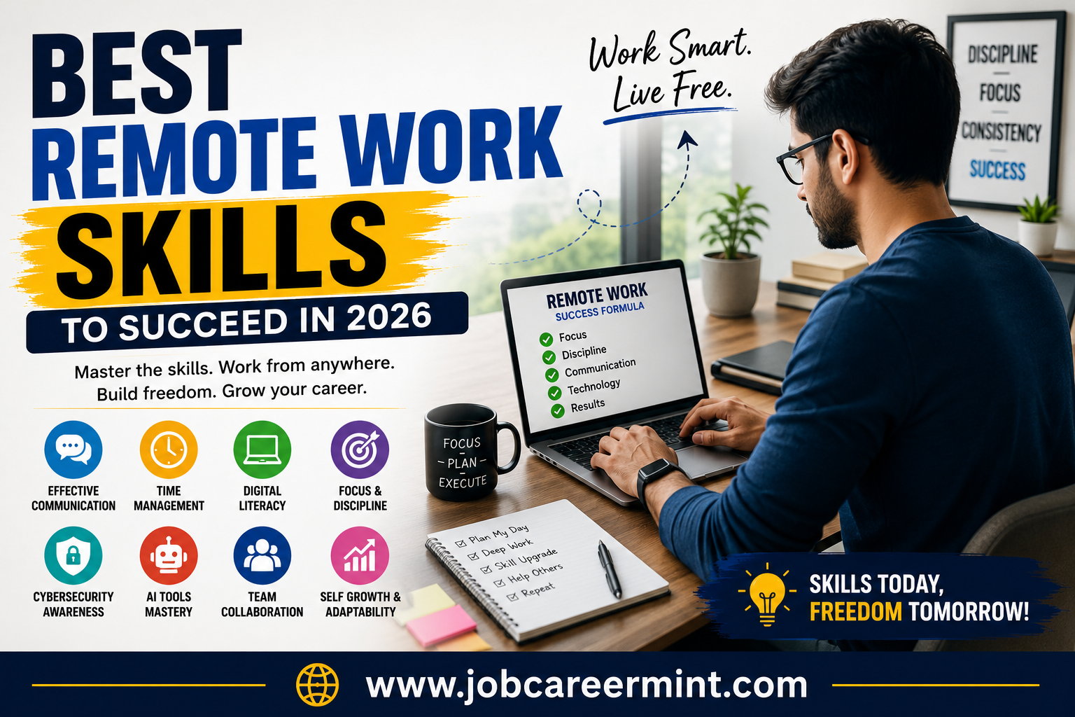 Professional remote worker using laptop with best remote work skills for productivity and online career success in 2026