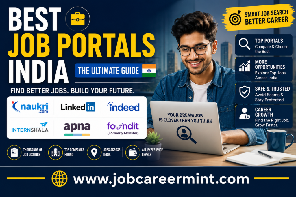 Professional illustration showing top Indian job portals like LinkedIn, Naukri, Indeed, and Internshala for job seekers in 2026