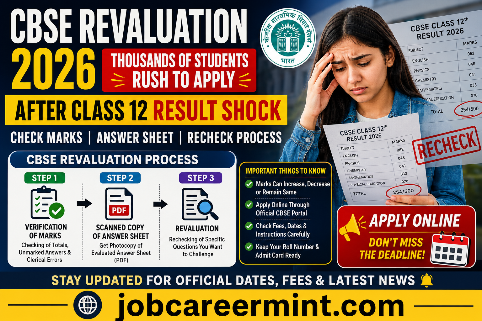CBSE Revaluation 2026 process after Class 12 result shock with students applying for rechecking and answer sheet verification