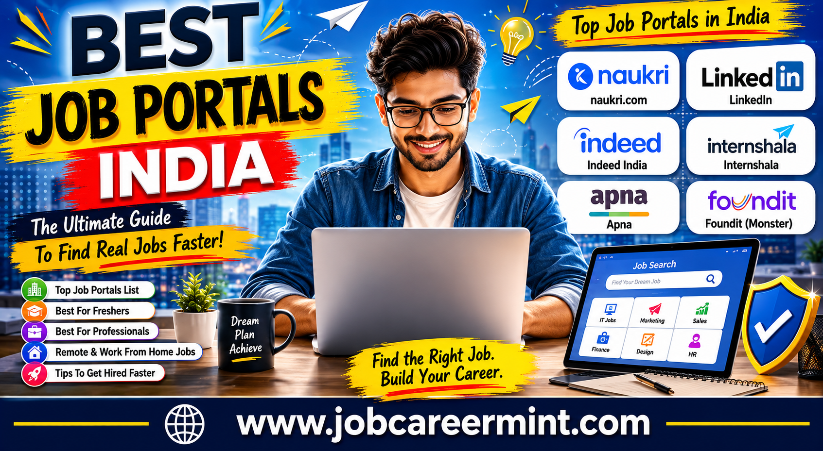 Professional illustration showing top Indian job portals like LinkedIn, Naukri, Indeed, and Internshala for job seekers in 2026