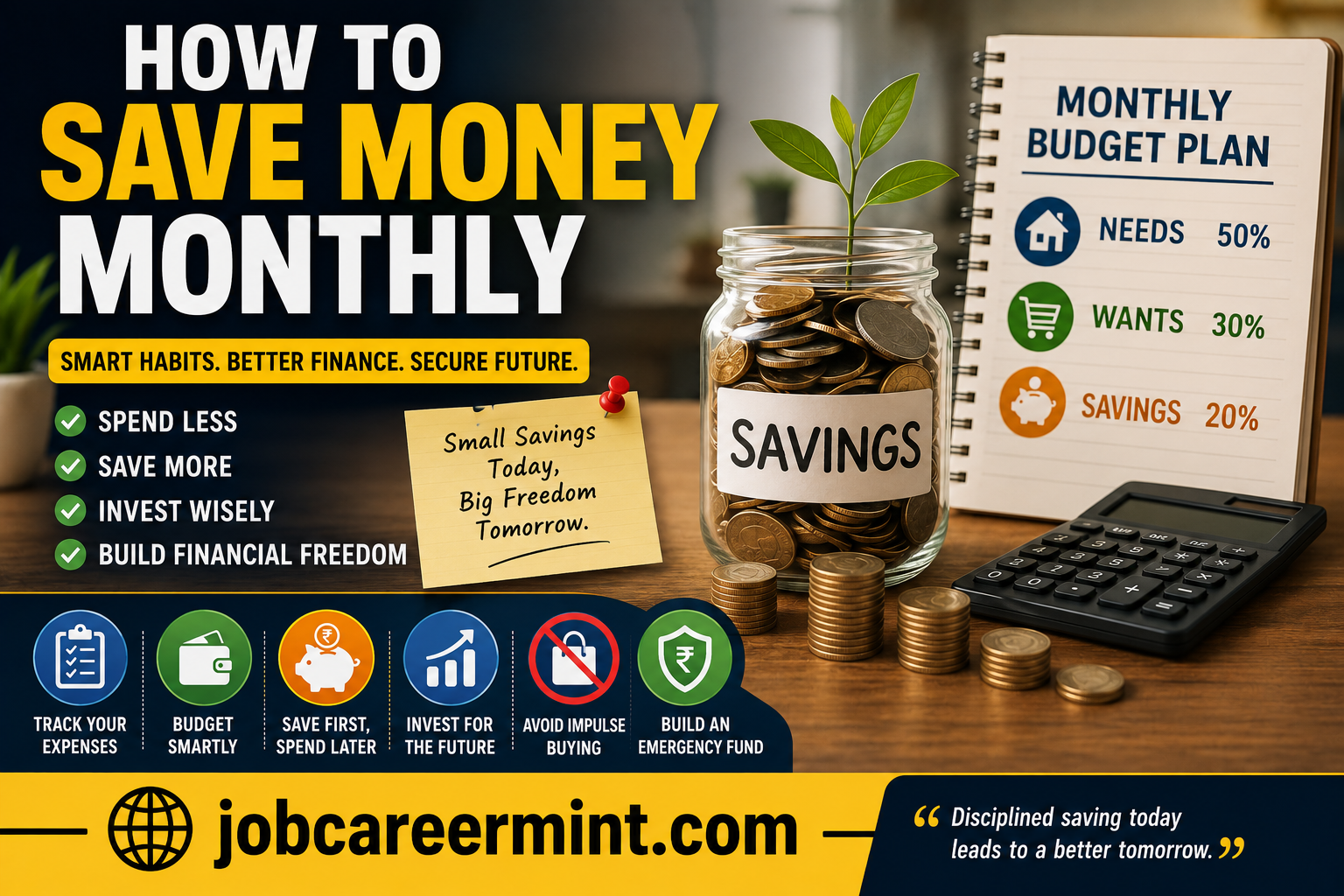 Person planning monthly budget and savings with calculator and finance apps in 2026