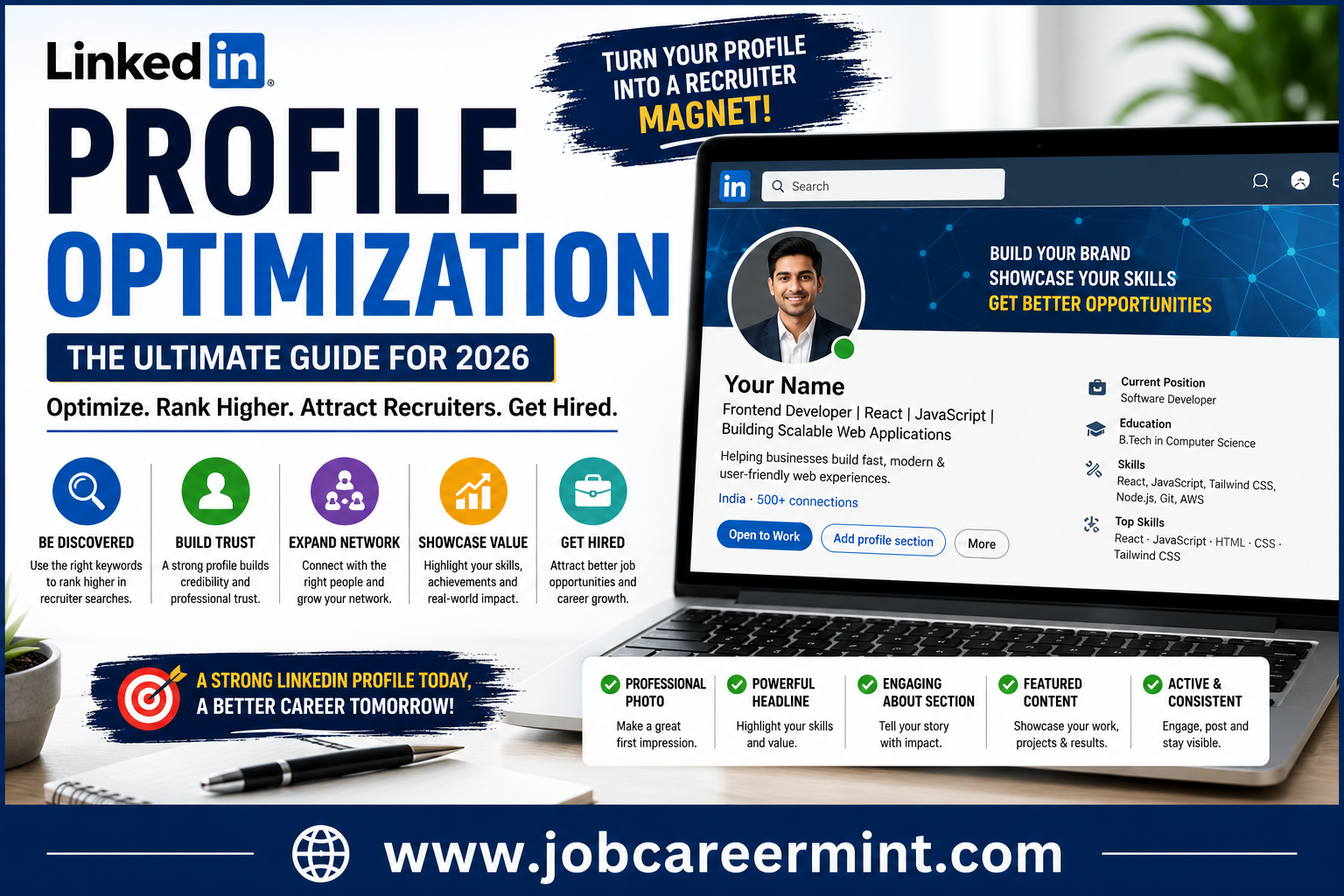 Professional LinkedIn Profile Optimization guide showing recruiter-friendly LinkedIn setup for job seekers in 2026