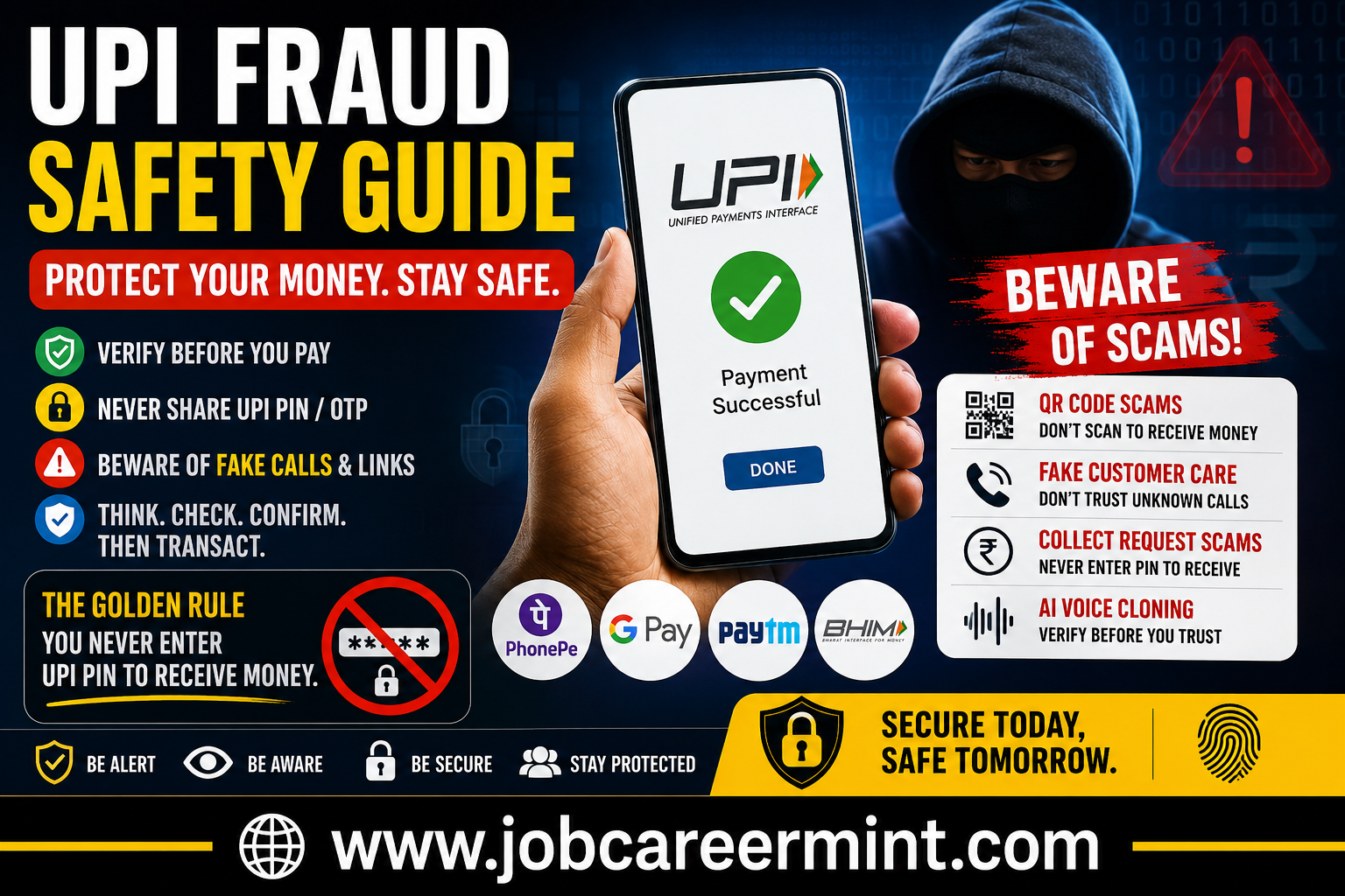 UPI fraud safety awareness concept showing smartphone payment scam protection and cybersecurity in India