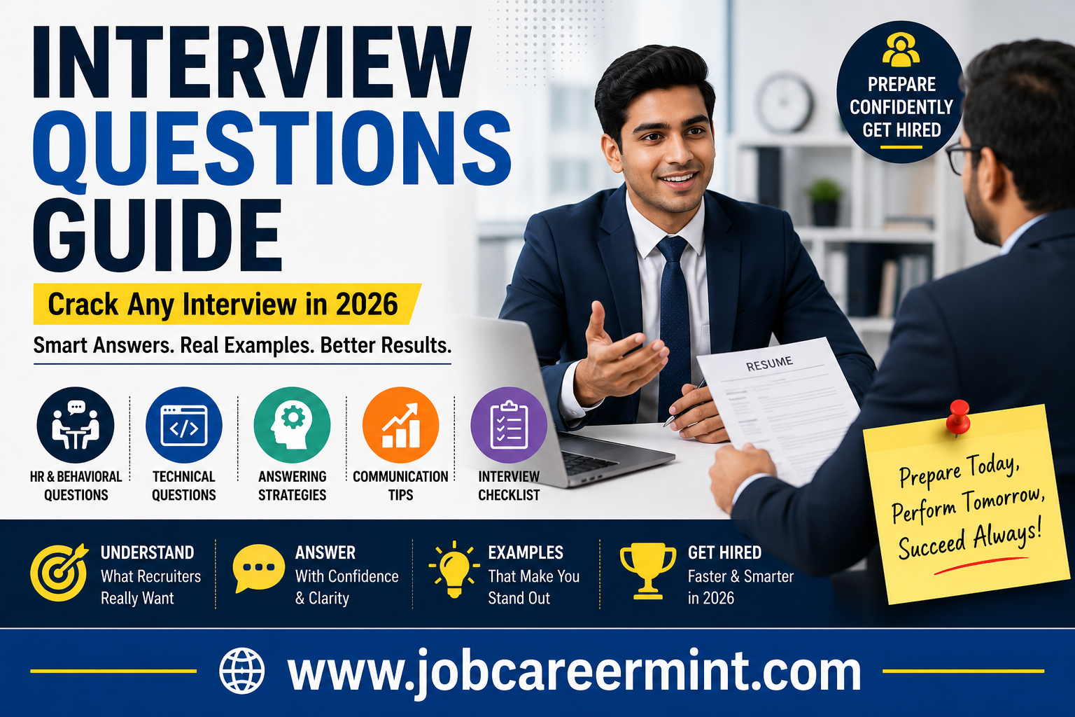 Professional interview questions guide showing candidate preparing for HR and technical interview in 2026