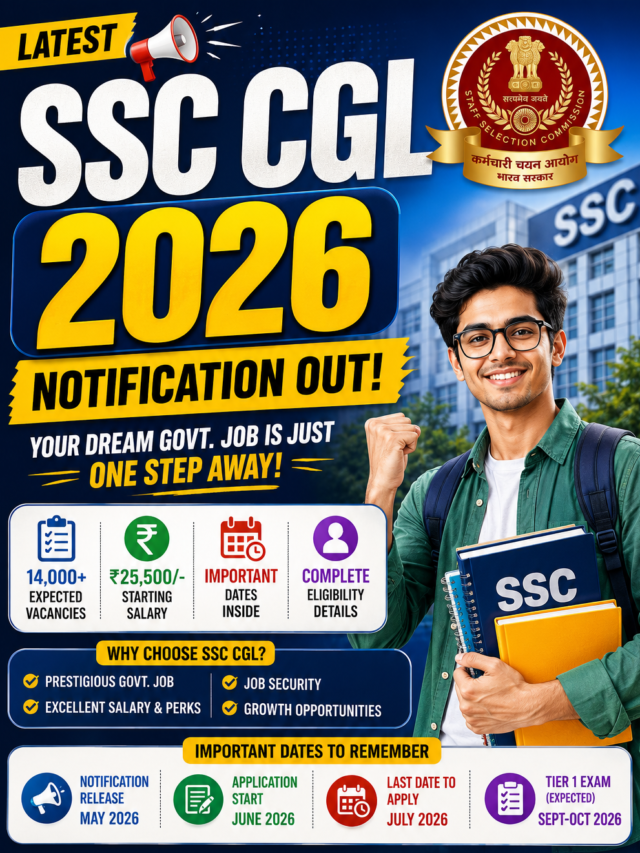 SSC CGL 2026 notification cover image showing government job aspirant with SSC building, notification update, expected vacancies and JobCareerMint branding.