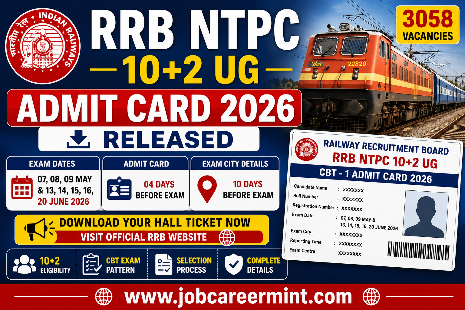 RRB NTPC 10 Plus 2 UG Admit Card 2026 released for CBT 1 examination