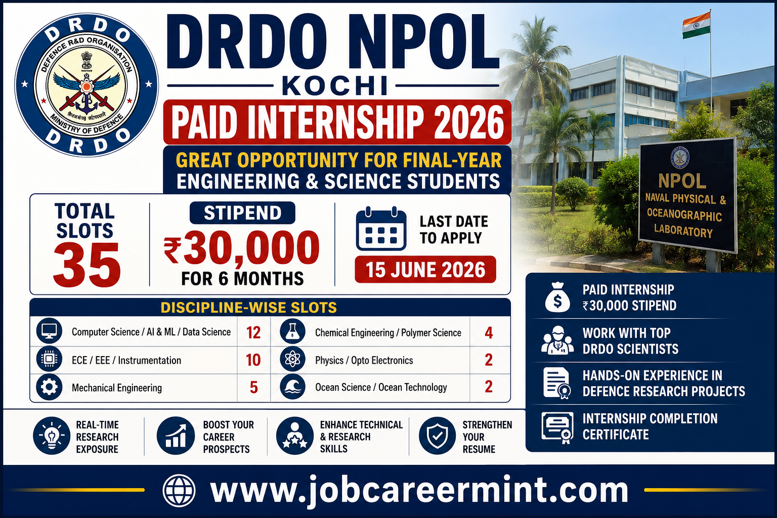 DRDO NPOL Kochi Paid Internship 2026 for Engineering and Science Students with ₹30000 Stipend