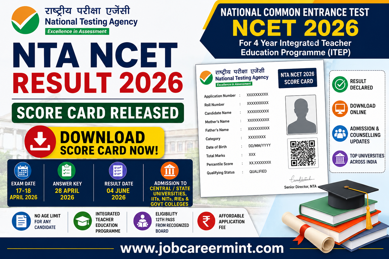 NTA NCET Result 2026 score card download link active for Integrated Teacher Education Programme admission