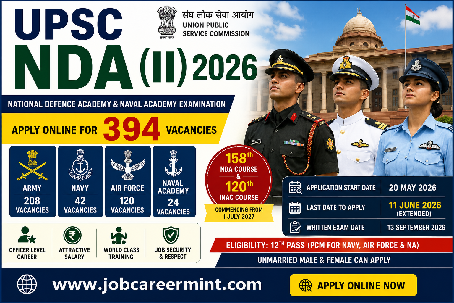 UPSC NDA II Recruitment 2026 Apply Online for 394 Army Navy Air Force and Naval Academy Vacancies