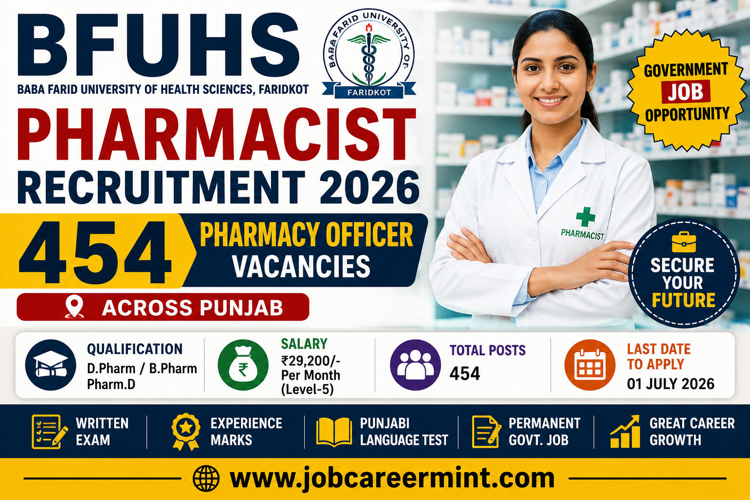 BFUHS Pharmacist Recruitment 2026 apply online for 454 Pharmacy Officer vacancies in Punjab