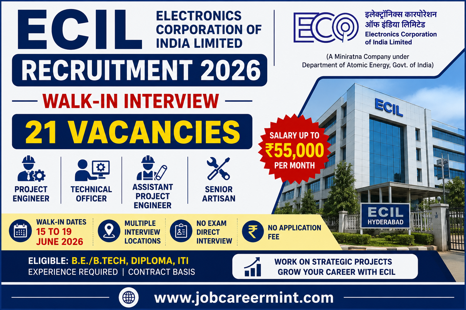 ECIL Recruitment 2026 for Project Engineer Technical Officer Assistant Project Engineer and Senior Artisan vacancies with salary up to ₹55000