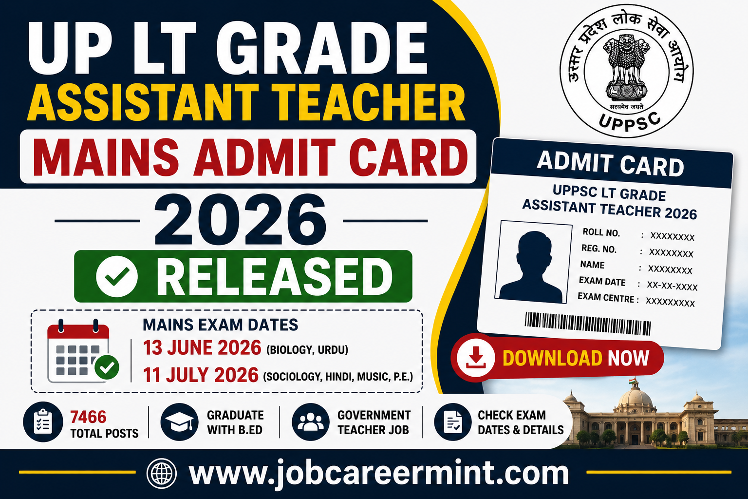 UP LT Grade Assistant Teacher Mains Admit Card 2026 Download for 7466 Posts