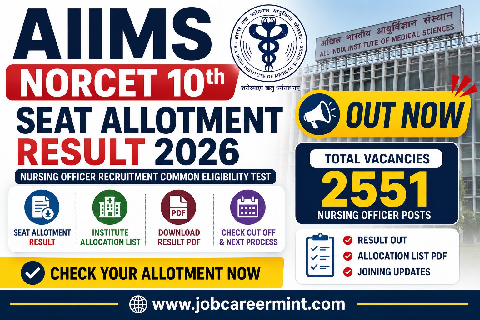 AIIMS NORCET 10th Seat Allotment Result 2026 released for Nursing Officer recruitment