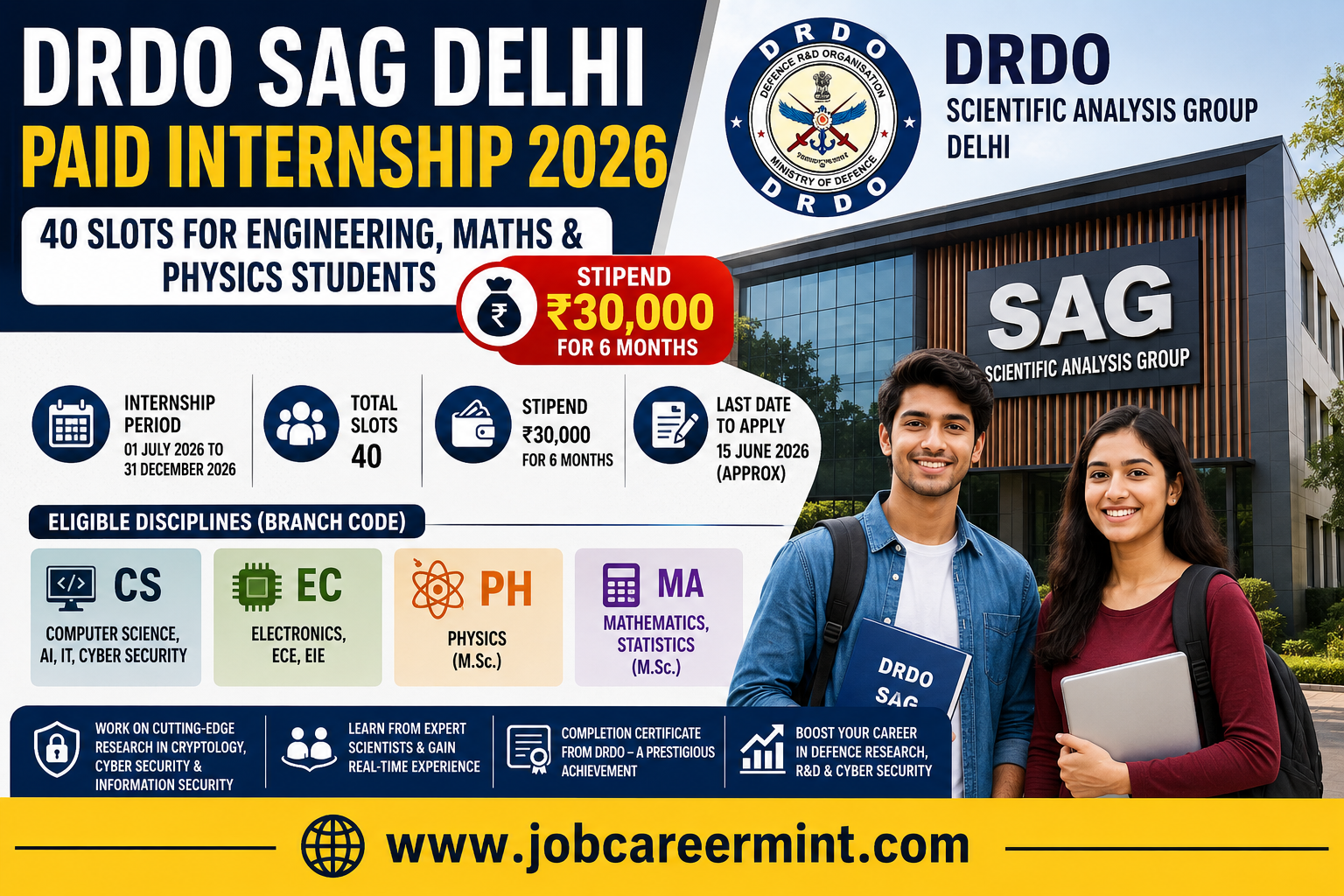 DRDO SAG Delhi Paid Internship 2026 for Engineering Mathematics and Physics Students