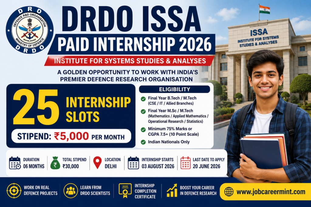 DRDO ISSA Paid Internship 2026 apply online for engineering mathematics statistics and IT students