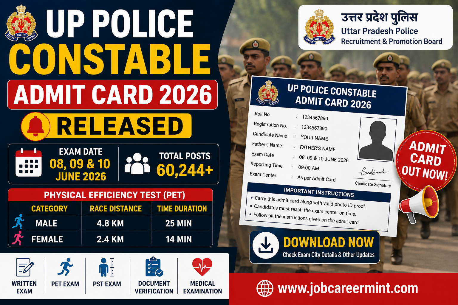 UP Police Constable Admit Card 2026 released for exam scheduled on 08, 09 and 10 June 2026