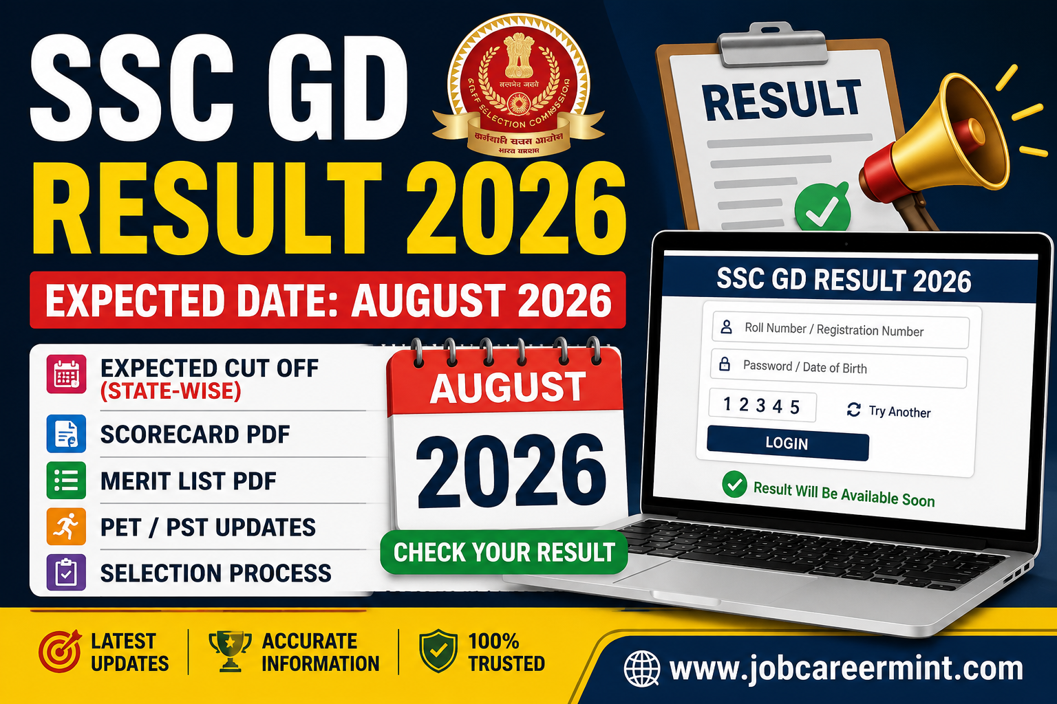 SSC GD Result 2026 expected date, state-wise cut off, scorecard PDF, merit list, PET PST updates and SSC result link