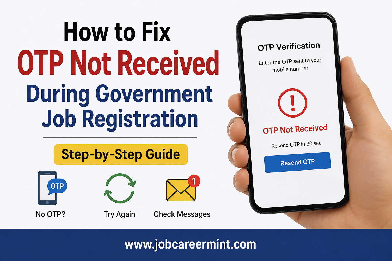 Step-by-step guide explaining how to fix OTP not received issues during government job registration for SSC, UPSC, Railway, IBPS, State PSC, and other recruitment portals.