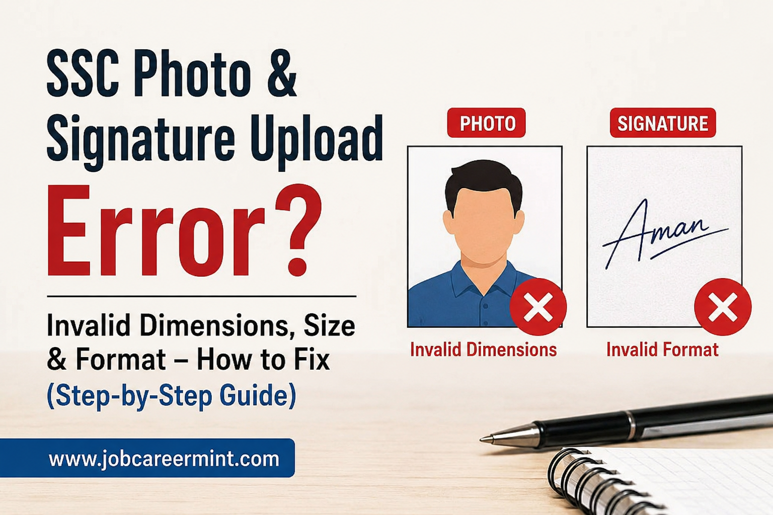Step-by-step guide to fix SSC photo and signature upload errors, including invalid dimensions, file size, unsupported format, and image upload issues for government job application forms.