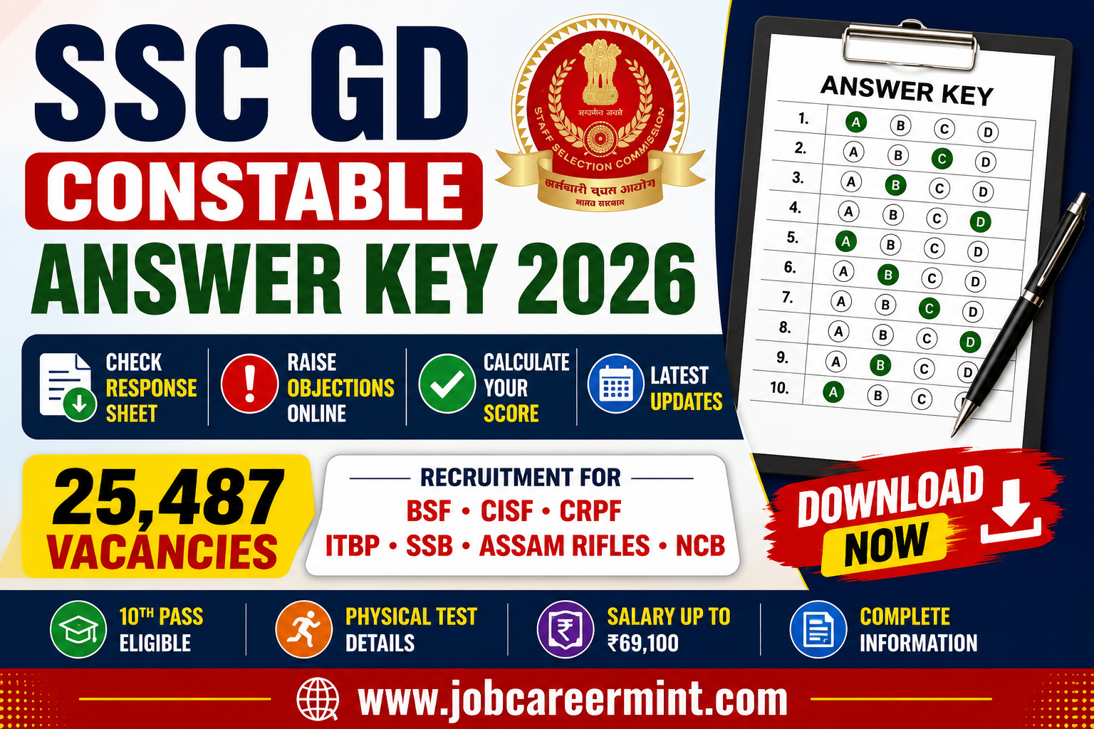 SSC GD Constable Answer Key 2026 response sheet objection link latest update