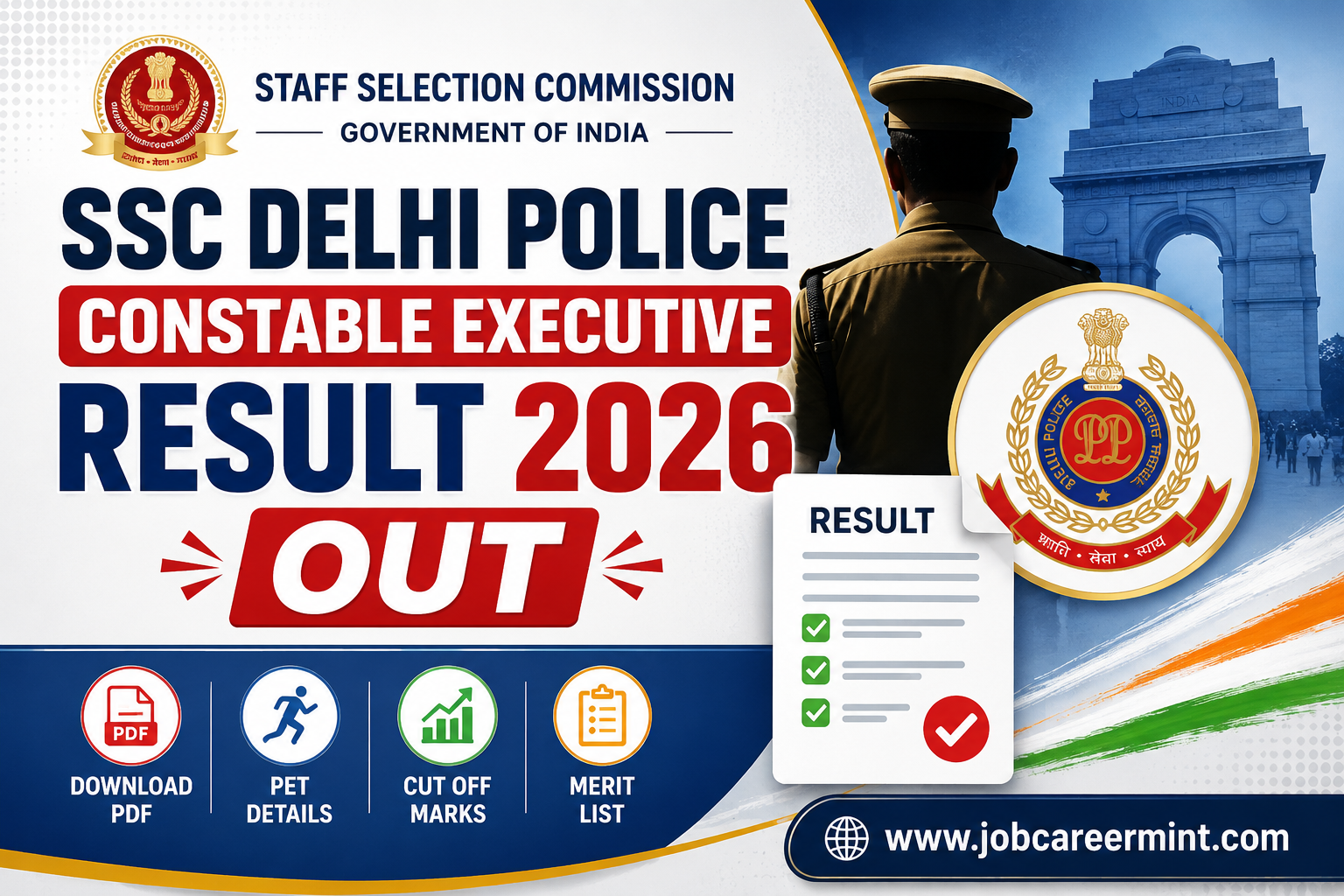 SSC Delhi Police Constable Executive Result 2026 Download PDF PET Details Cut Off Merit List