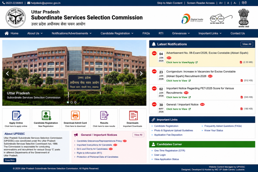 Official UPSSSC website showing Excise Constable (Abkari Sipahi) Recruitment 2026 notification, apply online link, and vacancy increase to 820 posts