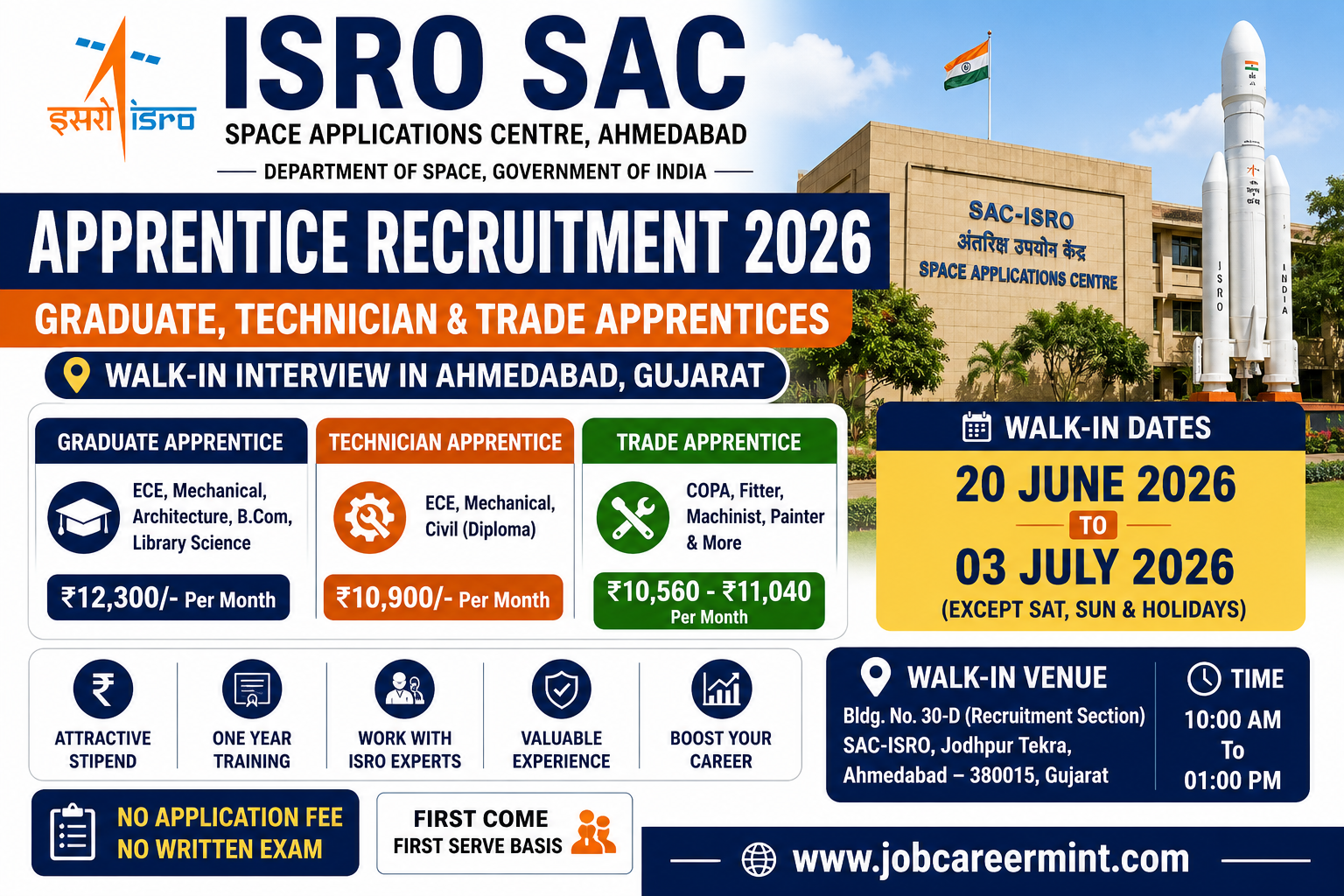 ISRO SAC Apprentice Recruitment 2026 walk in interview for graduate technician and trade apprentice vacancies in Ahmedabad