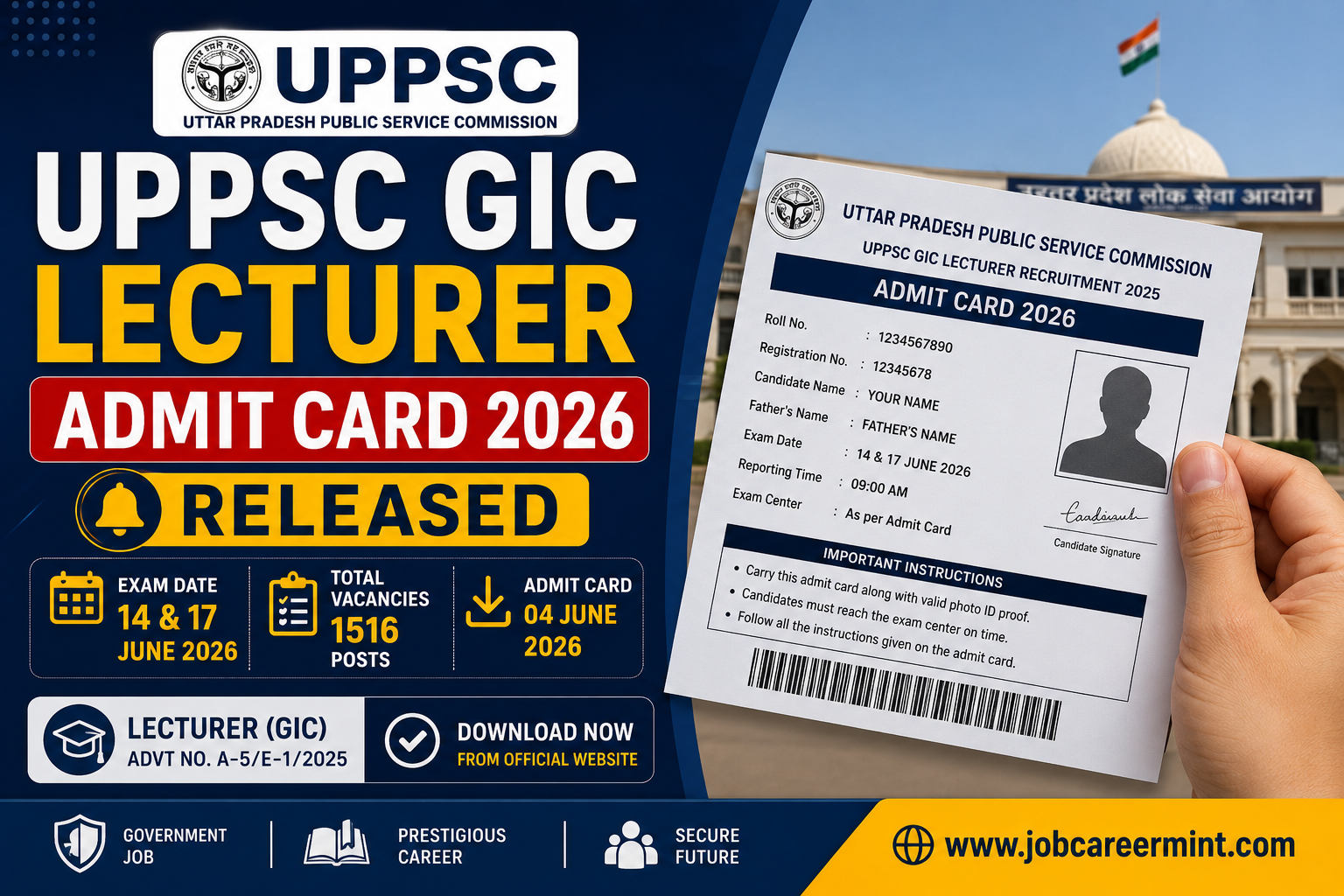 UPPSC GIC Lecturer Admit Card 2026 released for 1516 posts, exam on 14 and 17 June 2026