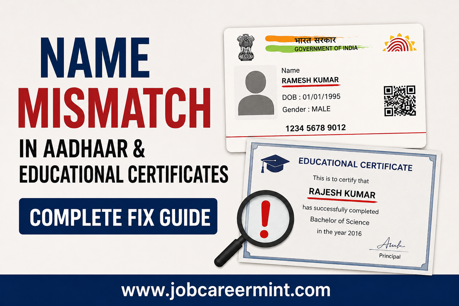 Step-by-step guide explaining how to fix a name mismatch between an Aadhaar Card and educational certificates for government job applications and document verification.