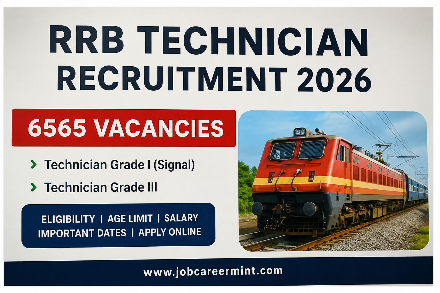RRB Technician Recruitment 2026 notification showing 6565 vacancies for Technician Grade I Signal and Technician Grade III posts.