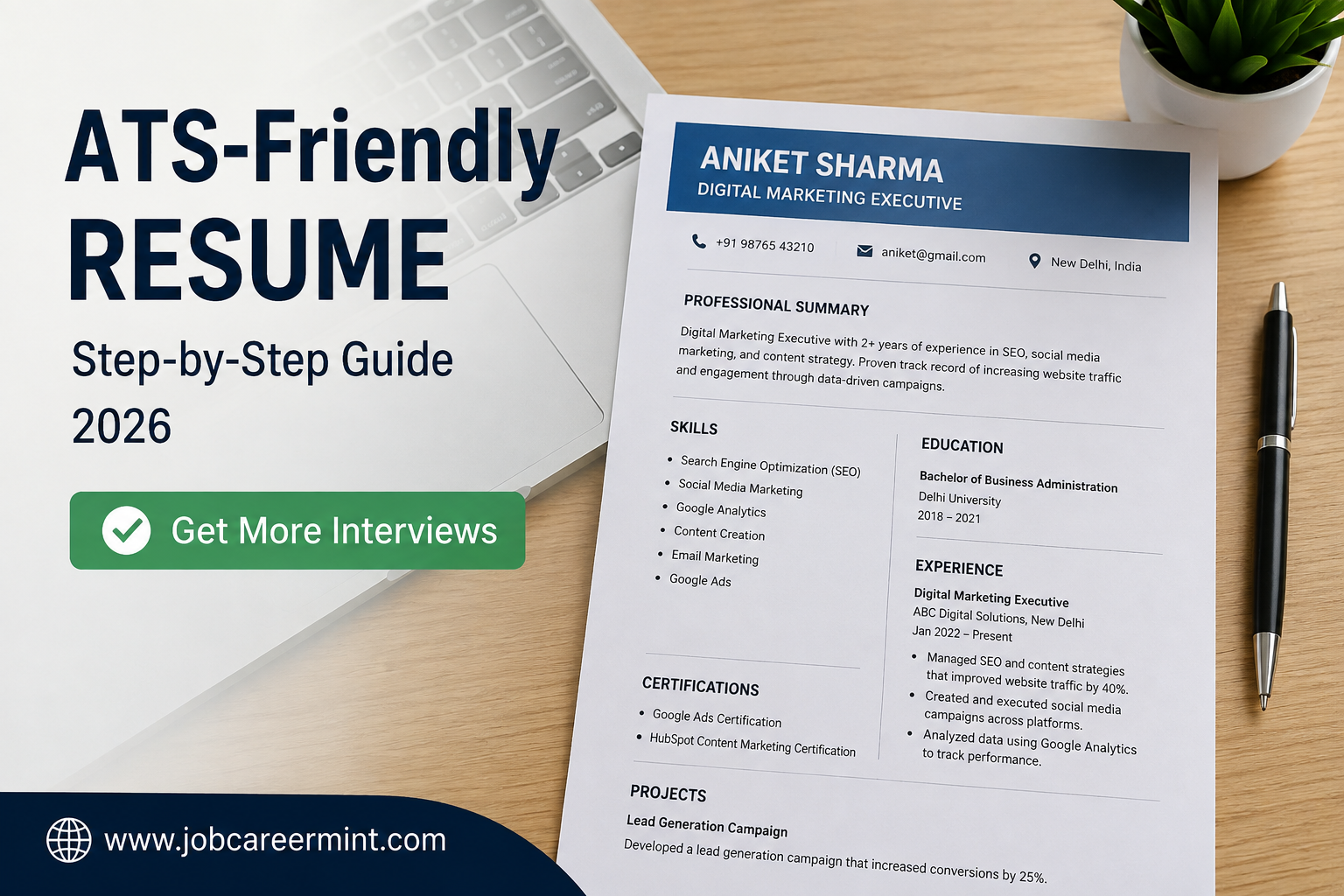 ATS Friendly Resume 2026 step-by-step guide showing the best resume format for freshers and experienced job seekers.
