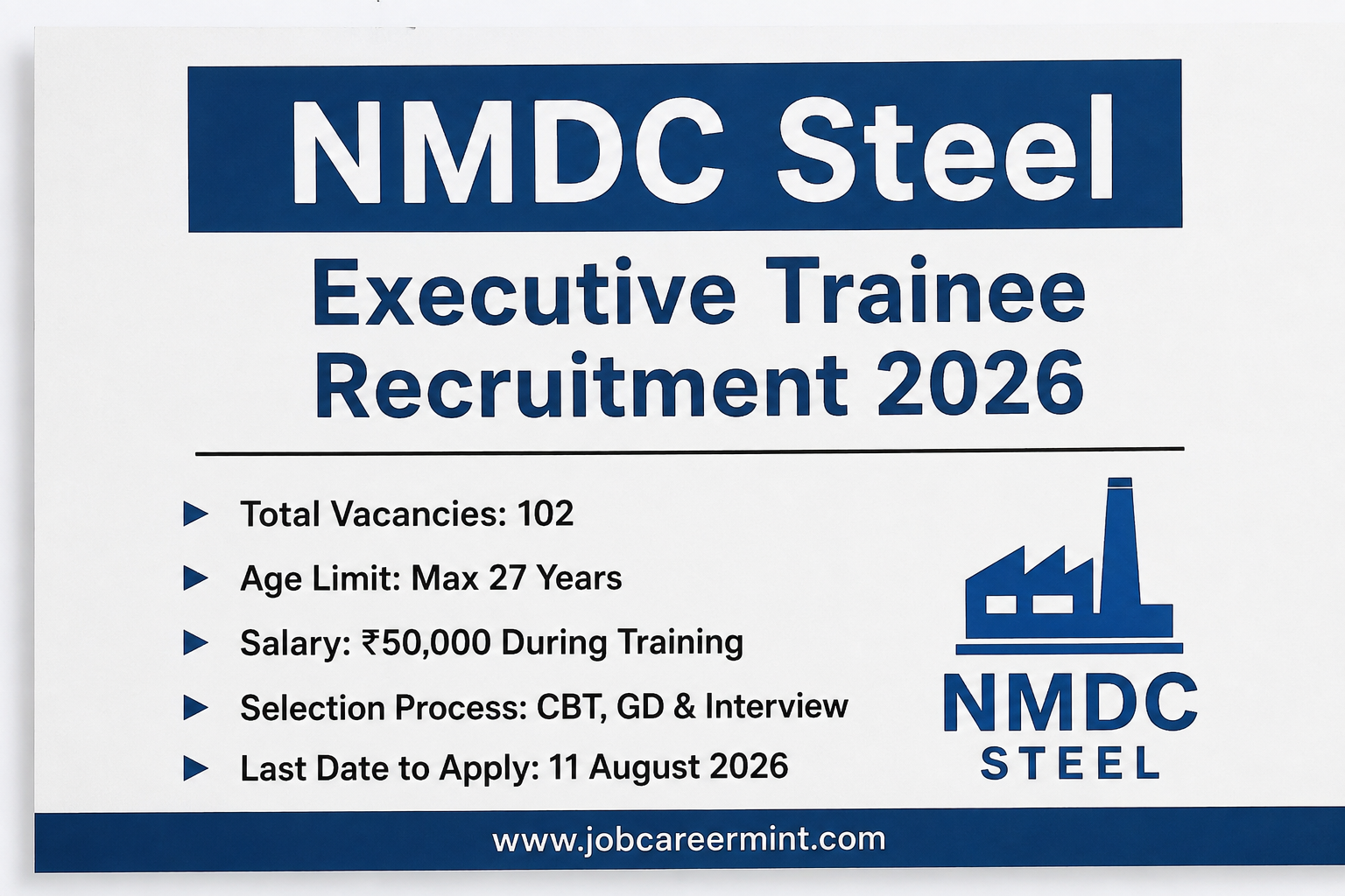 NMDC Steel Executive Trainee Recruitment 2026 with 102 vacancies