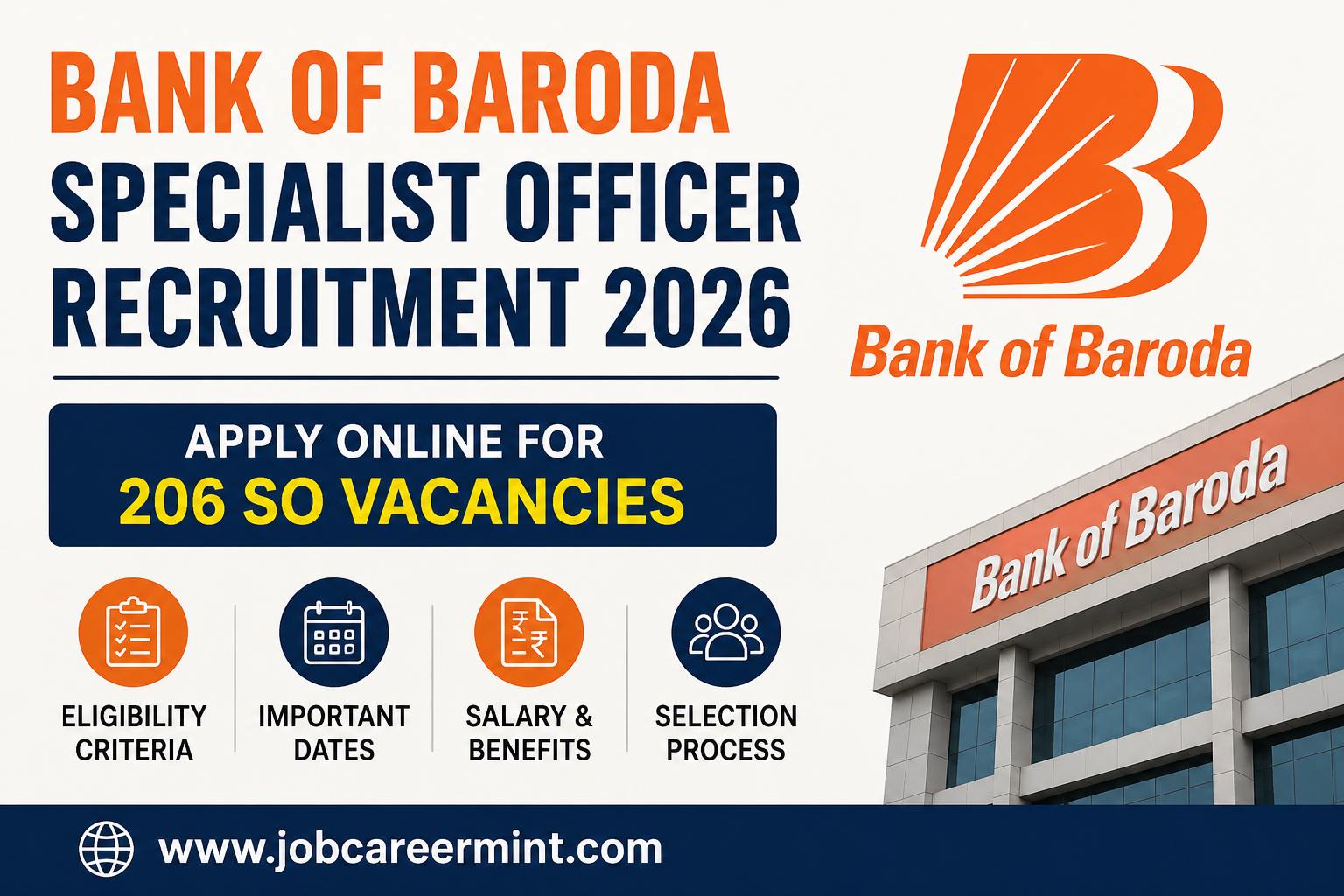 Bank of Baroda Specialist Officer Recruitment 2026 notification for 206 SO vacancies with eligibility, salary, selection process, and online application details.