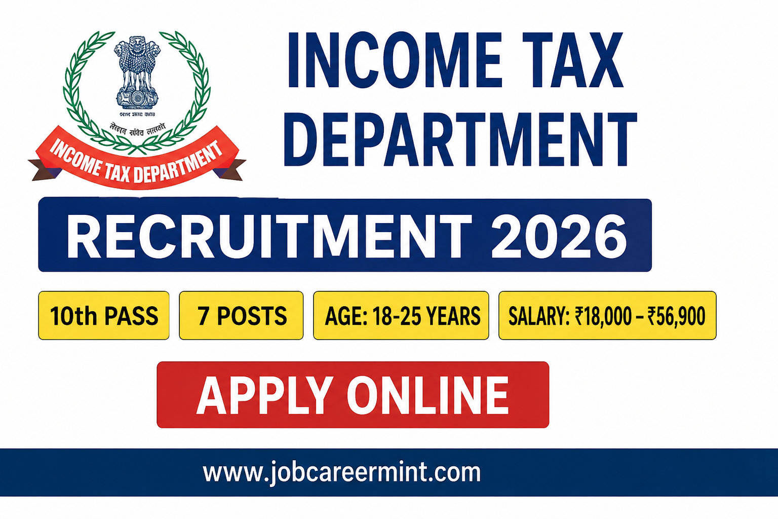 Income Tax Department Recruitment 2026 for 10th pass Canteen Attendant posts